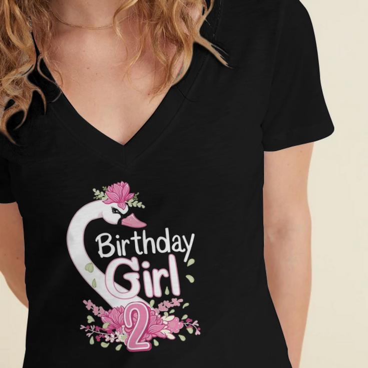 2Nd Birthday Wildlife Swan Animal 2 Years Old Birthday Girl Women's Jersey Short Sleeve Deep V-Neck Tshirt
