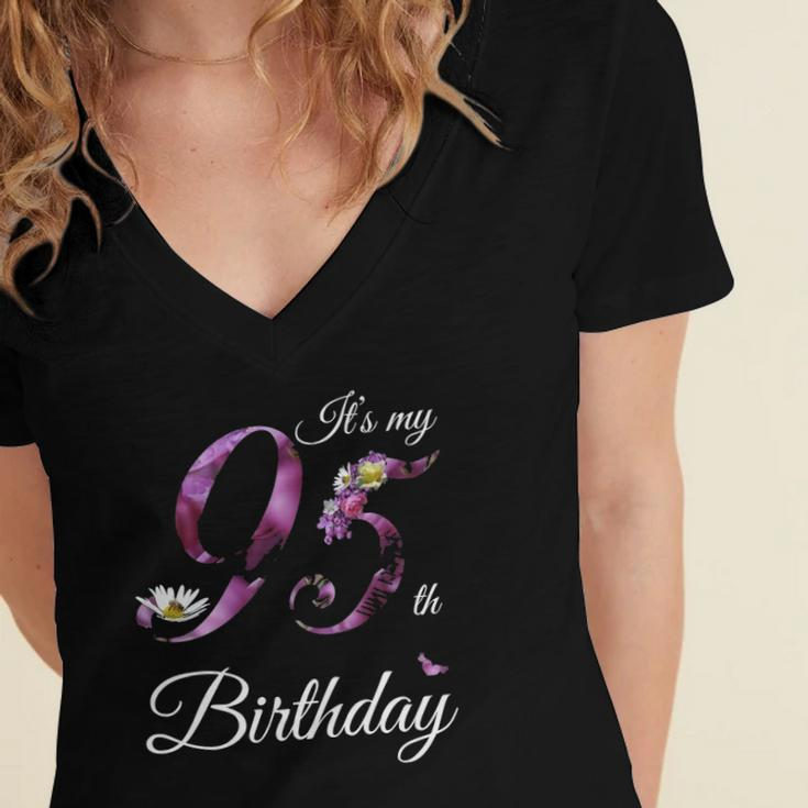 95 Years Old Floral 1927 Its My 95Th Birthday Gift Women's Jersey Short Sleeve Deep V-Neck Tshirt