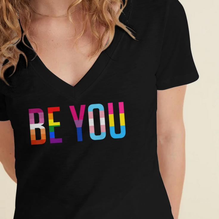 Be You Lgbt Flag Gay Pride Month Transgender Rainbow Lesbian Women's Jersey Short Sleeve Deep V-Neck Tshirt