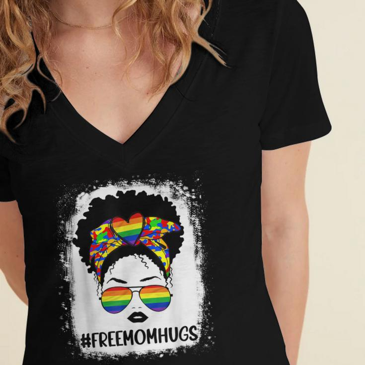 Black Womens Free Mom Hugs Messy Bun Lgbt Pride Rainbow Women's Jersey Short Sleeve Deep V-Neck Tshirt