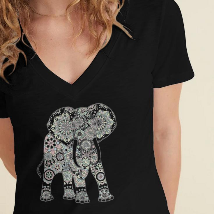 Boho Patterned Elephant Women's Jersey Short Sleeve Deep V-Neck Tshirt