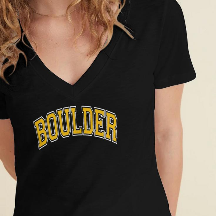 Boulder Colorado Co Varsity Style Amber Text Women's Jersey Short Sleeve Deep V-Neck Tshirt