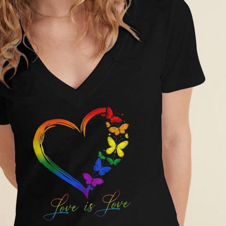 Butterfly Heart Rainbow Love Is Love Lgbt Gay Lesbian Pride Women's Jersey Short Sleeve Deep V-Neck Tshirt