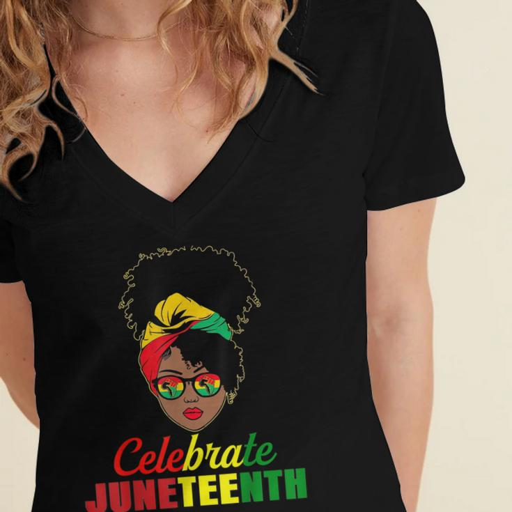 Celebrate Juneteenth Messy Bun Black Women Melanin Pride Women's Jersey Short Sleeve Deep V-Neck Tshirt