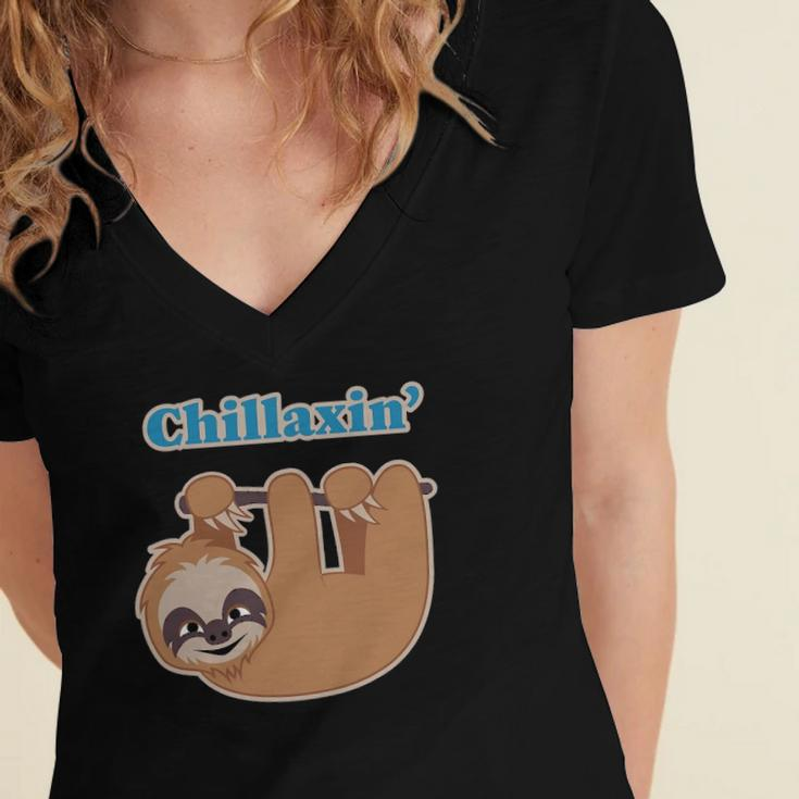 Chillaxin Cartoon Sloth Hanging In A Tree Women's Jersey Short Sleeve Deep V-Neck Tshirt