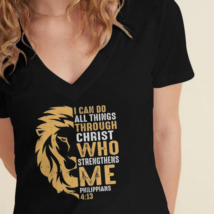 Christian I Can Do All Things Through Christ Lion Faith Women's Jersey Short Sleeve Deep V-Neck Tshirt