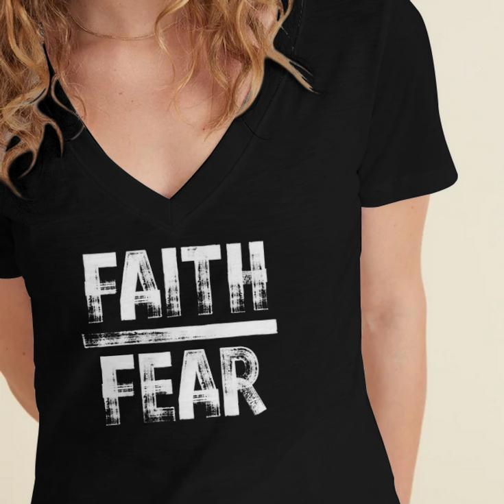 Distressed Faith Over Fear Believe In Him Women's Jersey Short Sleeve Deep V-Neck Tshirt