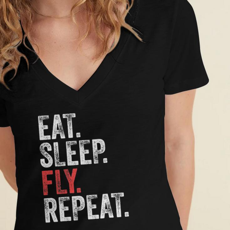 Eat Sleep Fly Repeat Aviation Pilot Funny Vintage Distressed Women's Jersey Short Sleeve Deep V-Neck Tshirt