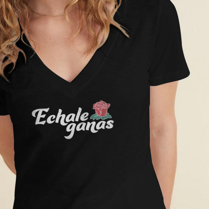 Echale Ganas Rose Vintage Retro Mexican Quote Women's Jersey Short Sleeve Deep V-Neck Tshirt