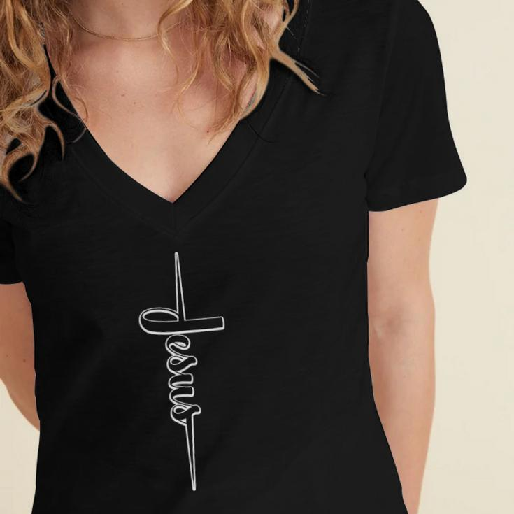 Faith Cross Jesus Believer Christian Women's Jersey Short Sleeve Deep V-Neck Tshirt