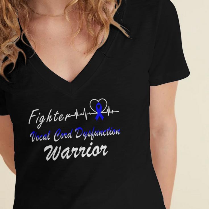 Fighter Vocal Cord Dysfunction Warrior Heartbeat Blue Ribbon Vcd Vocal Cord Dysfunction Awareness Women's Jersey Short Sleeve Deep V-Neck Tshirt