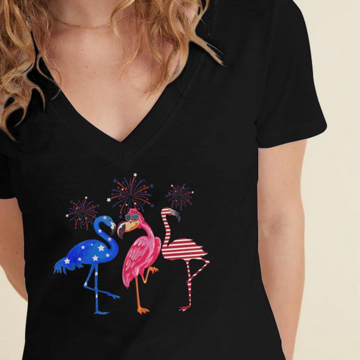 Flamingos Usa Flag 4Th Of July Independence Day Patriotic Women's Jersey Short Sleeve Deep V-Neck Tshirt