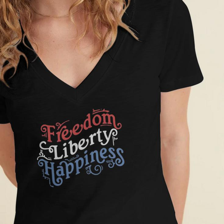 Freedom Liberty Happiness Red White And Blue Women's Jersey Short Sleeve Deep V-Neck Tshirt