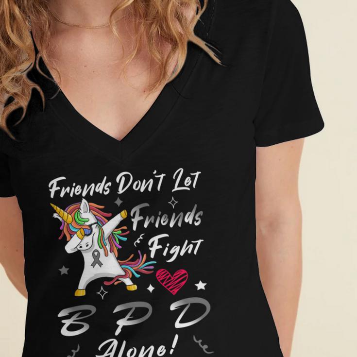 Friends Dont Let Friends Fight Borderline Personality Disorder Bpd Alone Unicorn Grey Ribbon Borderline Personality Disorder Bpd Awareness Women's Jersey Short Sleeve Deep V-Neck Tshirt