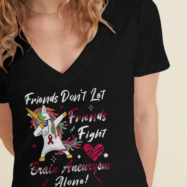 Friends Dont Let Friends Fight Brain Aneurysm Alone Unicorn Burgundy Ribbon Brain Aneurysm Bpd Brain Aneurysm V2 Women's Jersey Short Sleeve Deep V-Neck Tshirt