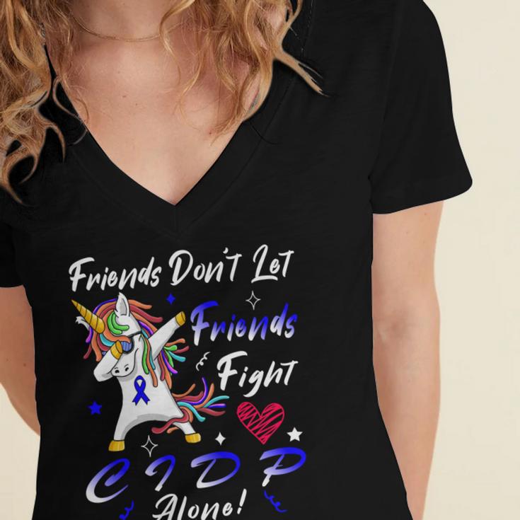 Friends Dont Let Friends Fight Chronic Inflammatory Demyelinating Polyneuropathy Cidp Alone Unicorn Blue Ribbon Cidp Support Cidp Awareness V2 Women's Jersey Short Sleeve Deep V-Neck Tshirt