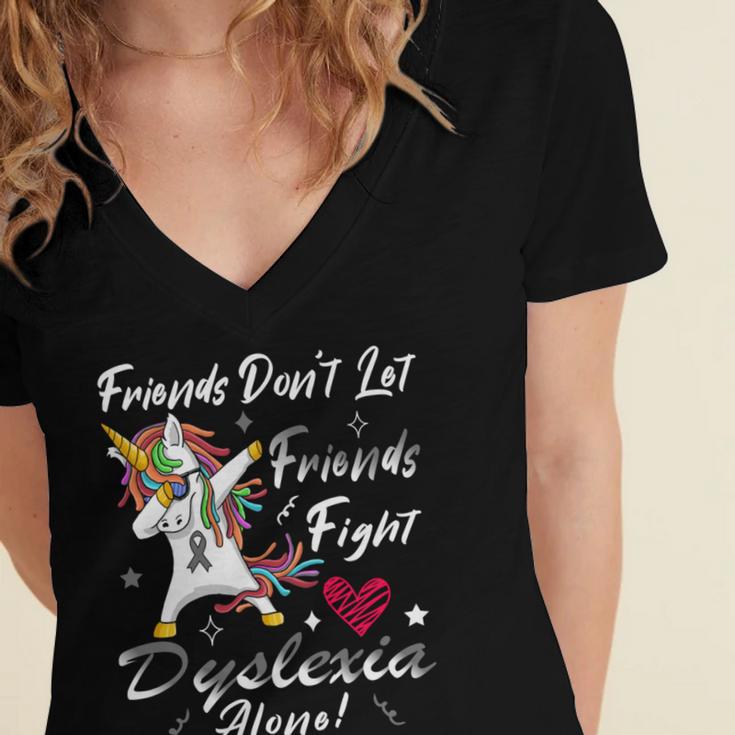 Friends Dont Let Friends Fight Dyslexia Alone Unicorn Grey Ribbon Dyslexia Dyslexia Awareness Women's Jersey Short Sleeve Deep V-Neck Tshirt