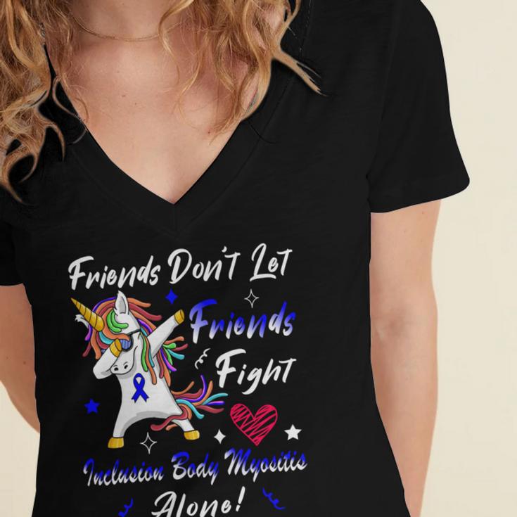 Friends Dont Let Friends Fight Ibm Alone Unicorn Blue Ribbon Inclusion Body Myositis Inclusion Body Myositis Awareness Women's Jersey Short Sleeve Deep V-Neck Tshirt