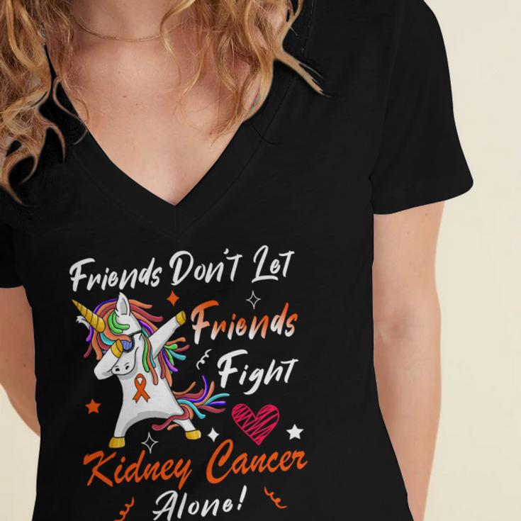 Friends Dont Let Friends Fight Kidney Cancer Alone Unicorn Orange Ribbon Kidney Cancer Kidney Cancer Awareness Women's Jersey Short Sleeve Deep V-Neck Tshirt