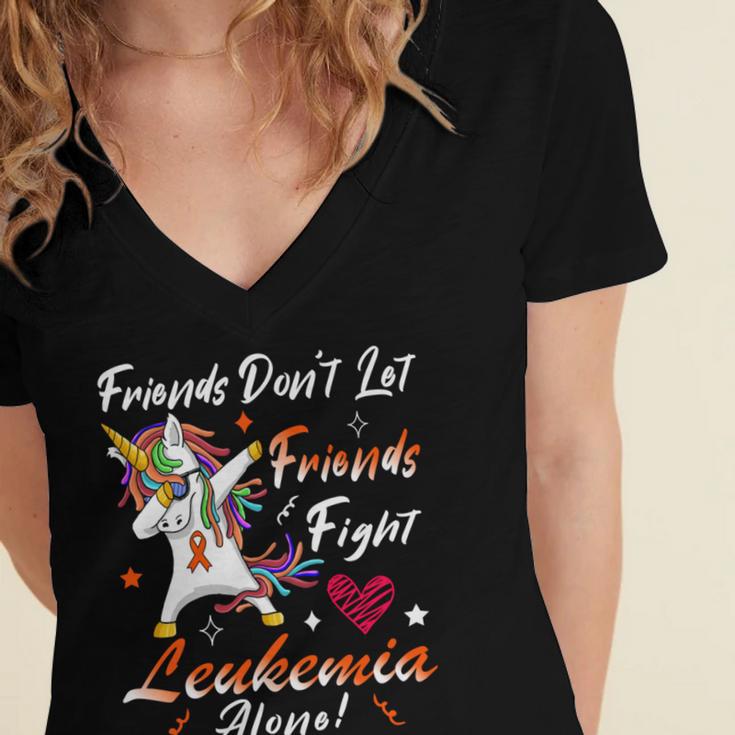 Friends Dont Let Friends Fight Leukemia Alone Unicorn Orange Ribbon Leukemia Leukemia Awareness Women's Jersey Short Sleeve Deep V-Neck Tshirt