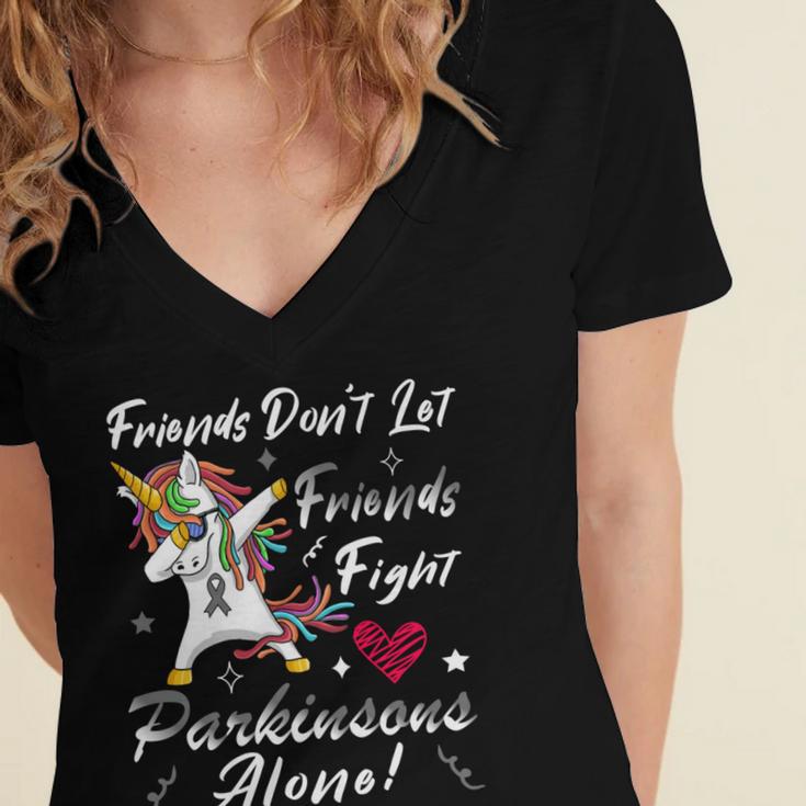 Friends Dont Let Friends Fight Parkinsons Alone Grey Ribbon Parkinsons Parkinsons Awareness Women's Jersey Short Sleeve Deep V-Neck Tshirt