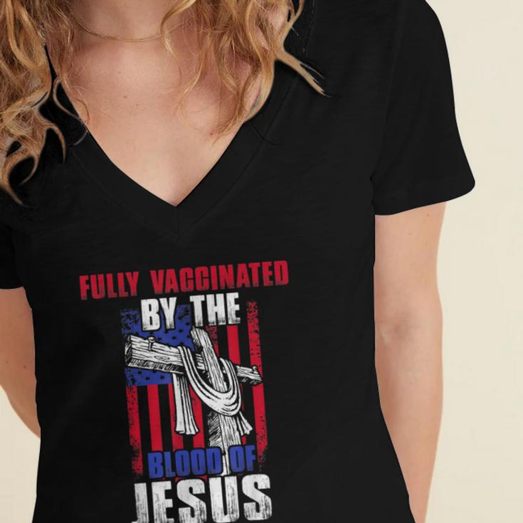 Fully Vaccinated By The Blood Of Jesus Christian USA Flag Women's Jersey Short Sleeve Deep V-Neck Tshirt