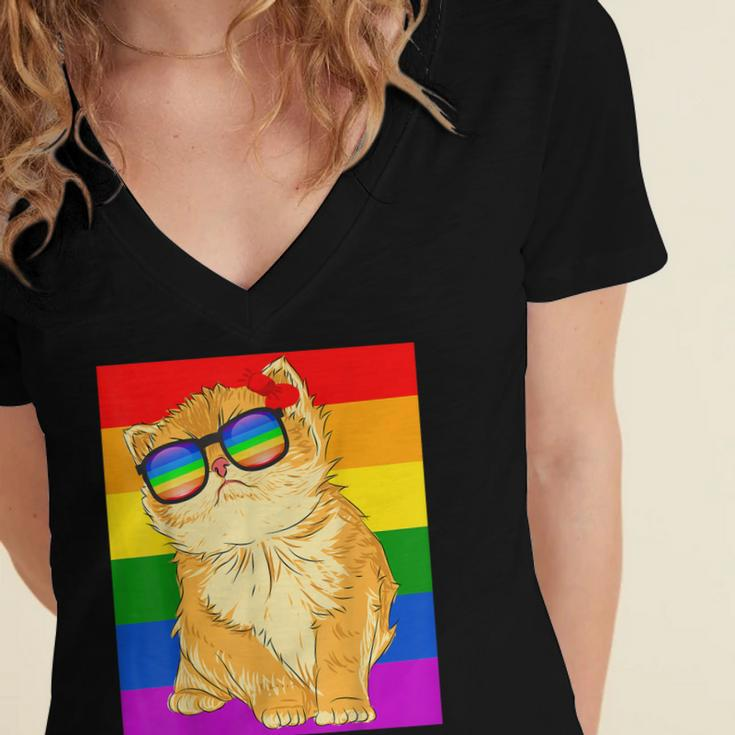 Funny Cat Lgbt Gay Rainbow Pride Flag Boys Men Girls Women Women's Jersey Short Sleeve Deep V-Neck Tshirt