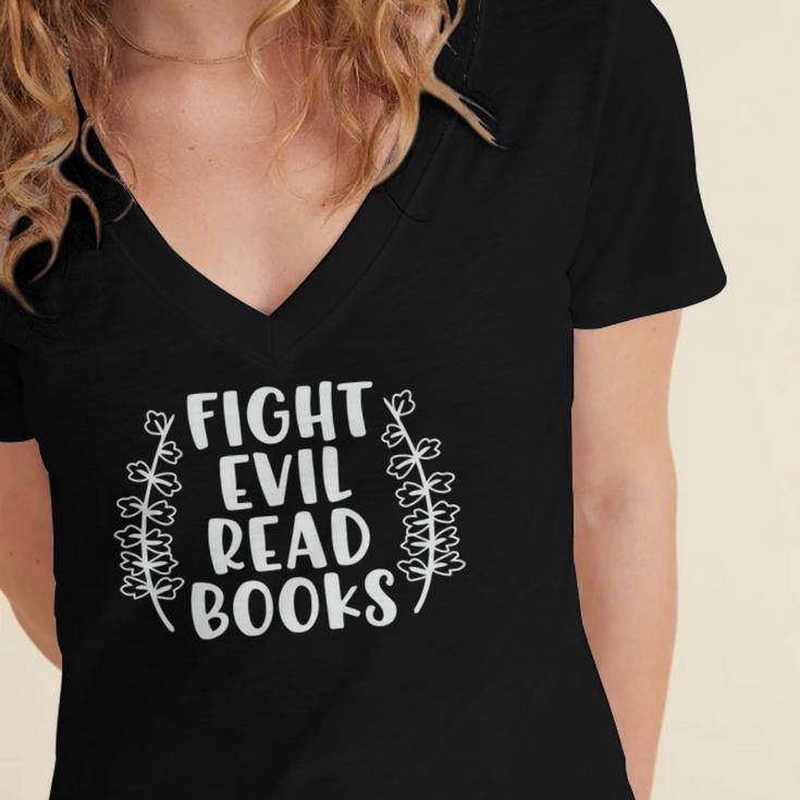 Funny Fight Evil Read Books Women's Jersey Short Sleeve Deep V-Neck Tshirt