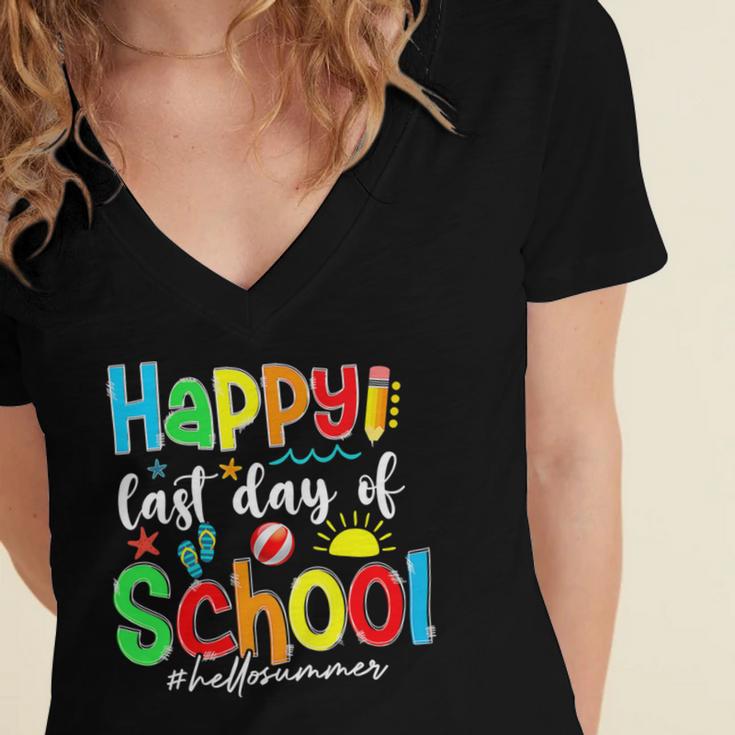 Funny Happy Last Day Of School Hello Summer Multicolored Women's Jersey Short Sleeve Deep V-Neck Tshirt