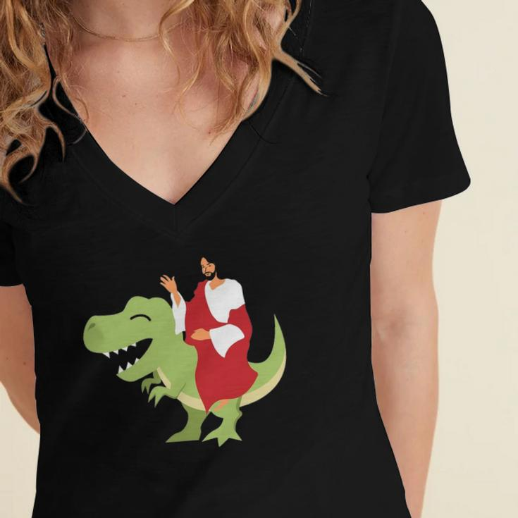 Funny Parody Jesus Riding Dinosaur Cute Meme Dino Gift Women's Jersey Short Sleeve Deep V-Neck Tshirt