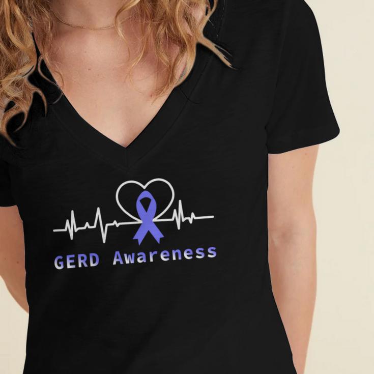 Gerd Awareness Heartbeat Periwinkle Blue Ribbon Gastroesophageal Reflux Disease Gerd Awareness Women's Jersey Short Sleeve Deep V-Neck Tshirt