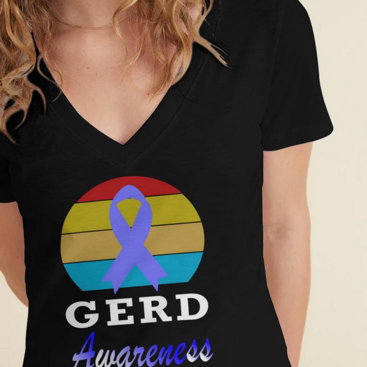 Gerd Awareness Vintage Periwinkle Blue Ribbon Gastroesophageal Reflux Disease Gerd Awareness Women's Jersey Short Sleeve Deep V-Neck Tshirt