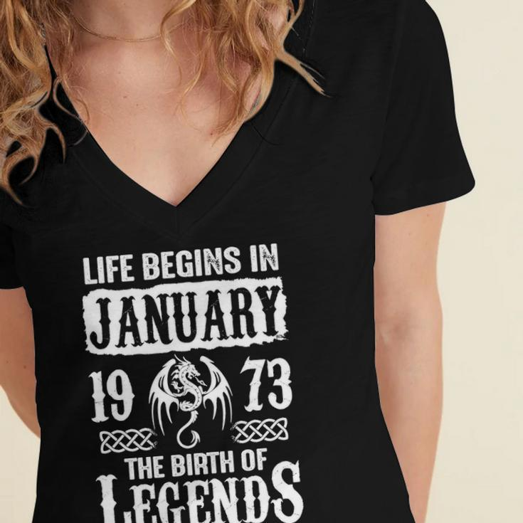 January 1973 Birthday Life Begins In January 1973 Women's Jersey Short Sleeve Deep V-Neck Tshirt