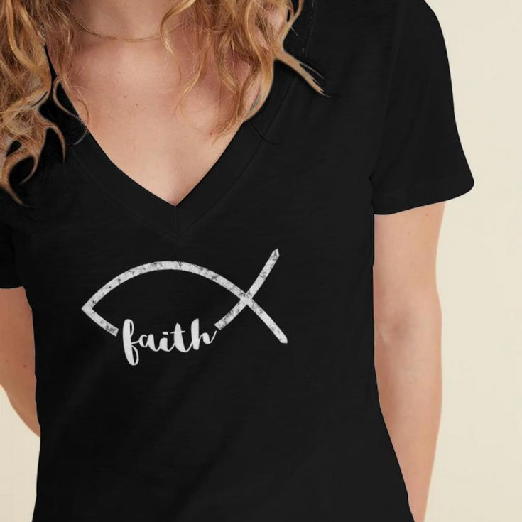 Jesus Fish Ichthy Emblem Christian Faith Symbol Ichthus Women's Jersey Short Sleeve Deep V-Neck Tshirt