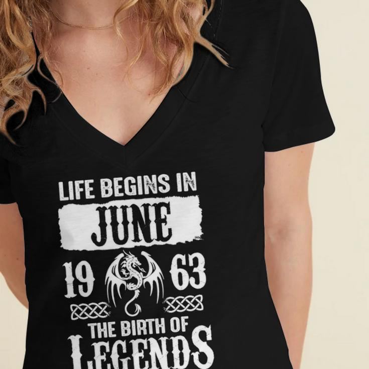 June 1963 Birthday Life Begins In June 1963 Women's Jersey Short Sleeve Deep V-Neck Tshirt