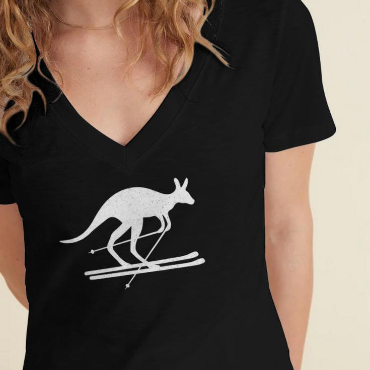 Kangaroo Skiing Fun Winter Sports Australia Travel Gift Women's Jersey Short Sleeve Deep V-Neck Tshirt