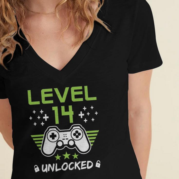 Level 14 Unlocked Funny 14Th Birthday Women's Jersey Short Sleeve Deep V-Neck Tshirt