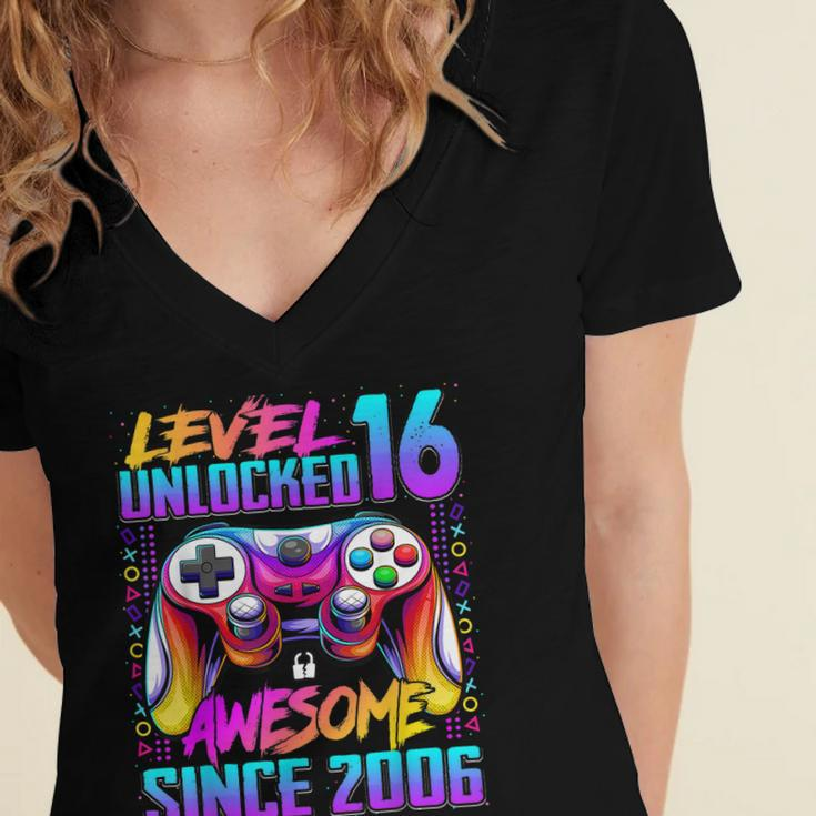 Level 16 Unlocked Awesome Since 2006 16Th Birthday Gaming Women's Jersey Short Sleeve Deep V-Neck Tshirt