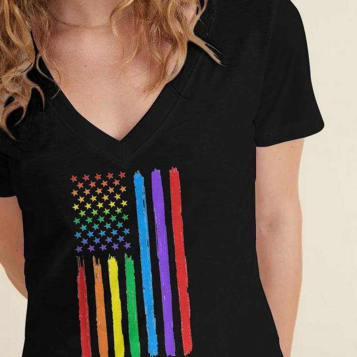 Lgbtq American Flag Pride Rainbow Gay Lesbian Bi Transgender Women's Jersey Short Sleeve Deep V-Neck Tshirt
