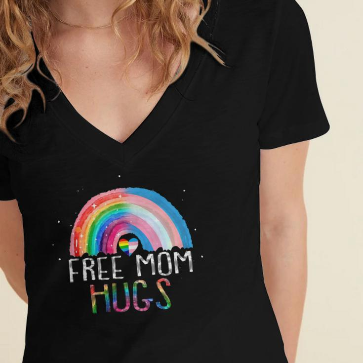 Lgbtq Free Mom Hugs Gay Pride Lgbt Ally Rainbow Mothers Day Women's Jersey Short Sleeve Deep V-Neck Tshirt