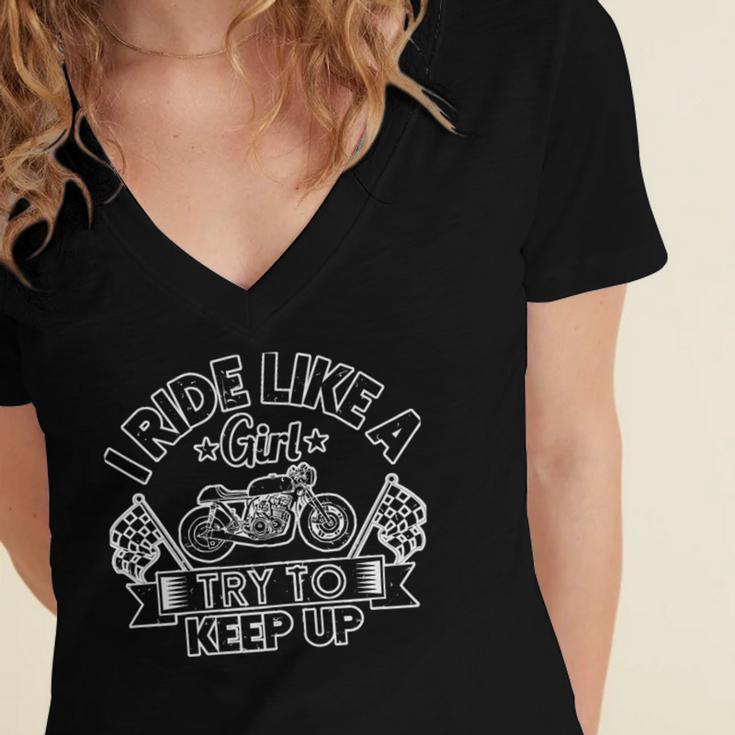 Motorcycle I Ride Like A Girl Try To 495 Shirt Women's Jersey Short Sleeve Deep V-Neck Tshirt