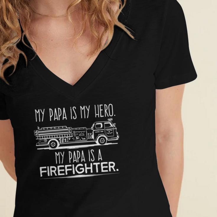 My Papa Is My Hero Firefighter For Grandchild Kids Women's Jersey Short Sleeve Deep V-Neck Tshirt