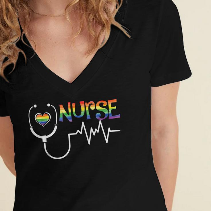 Nurse Rainbow Flag Lgbt Lgbtq Gay Lesbian Bi Pride Ally Women's Jersey Short Sleeve Deep V-Neck Tshirt