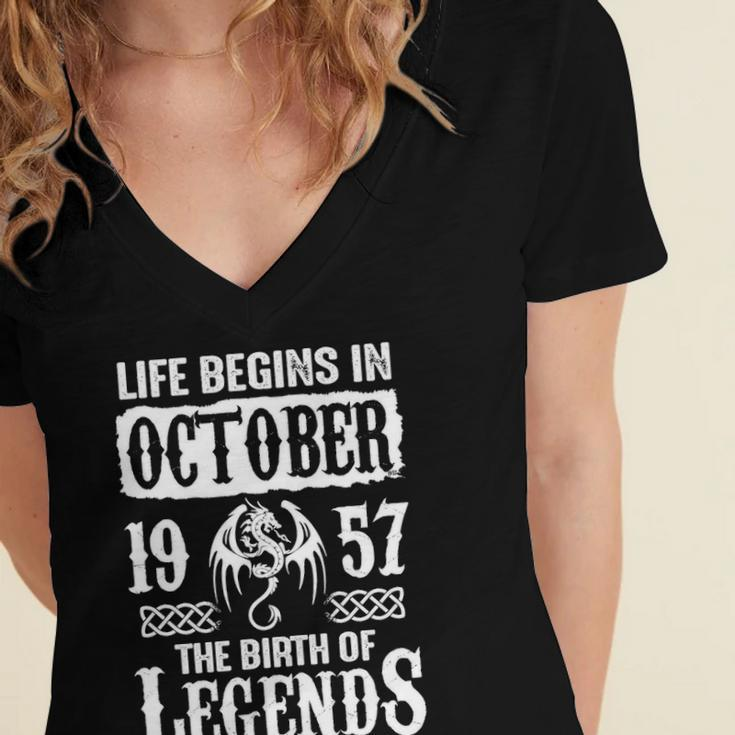 October 1957 Birthday Life Begins In October 1957 Women's Jersey Short Sleeve Deep V-Neck Tshirt
