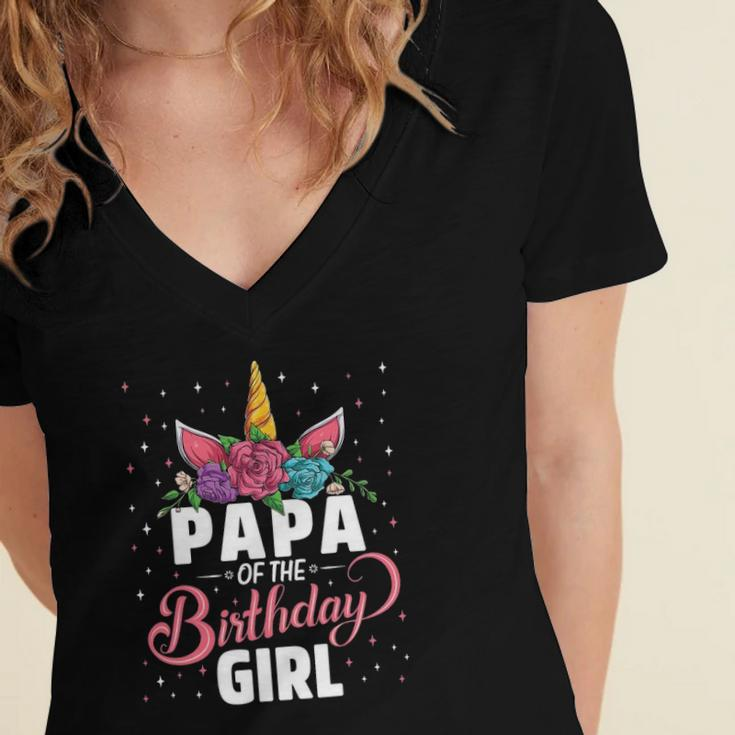 Papa Of The Birthday Girl Unicorn Girls Family Matching Women's Jersey Short Sleeve Deep V-Neck Tshirt