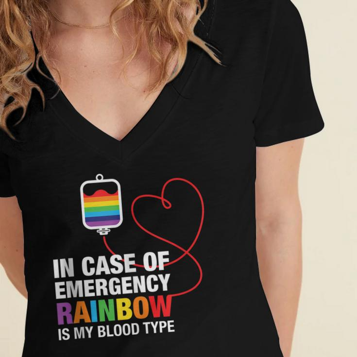 Pride Month Rainbow Is My Blood Type Lgbt Flag Women's Jersey Short Sleeve Deep V-Neck Tshirt