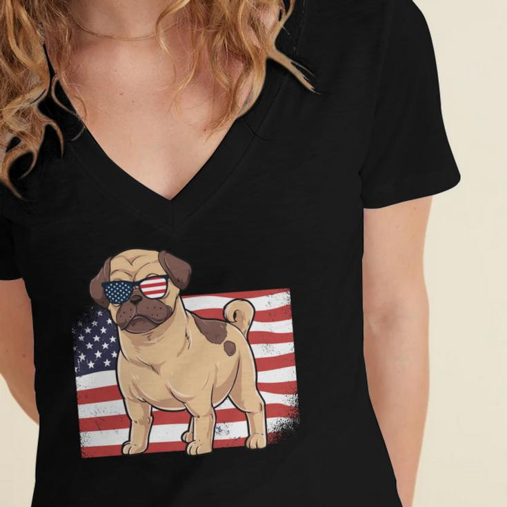 Pug Dad & Mom American Flag 4Th Of July Usa Funny Pug Lover Women's Jersey Short Sleeve Deep V-Neck Tshirt