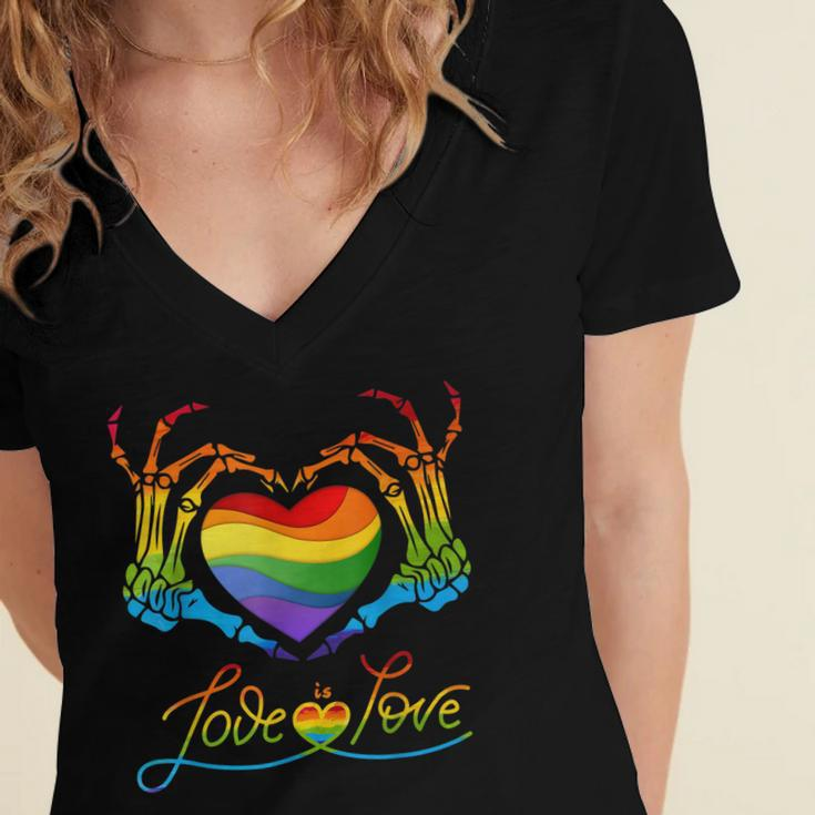 Rainbow Heart Skeleton Love Is Love Lgbt Gay Lesbian Pride Women's Jersey Short Sleeve Deep V-Neck Tshirt
