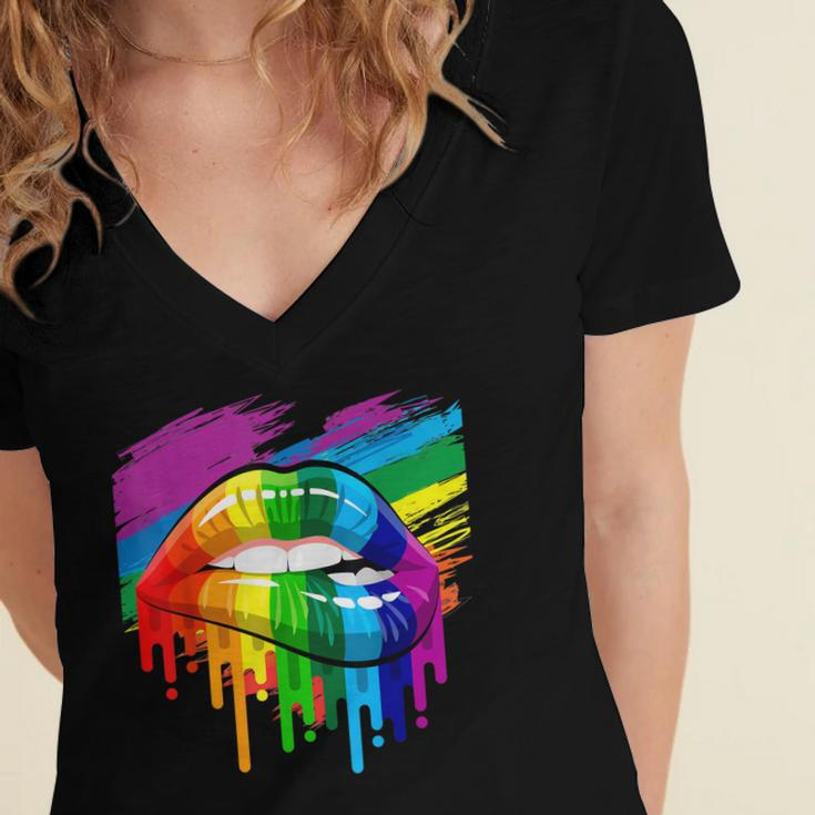 Rainbow Lips Lgbt Pride Month Rainbow Flag Women's Jersey Short Sleeve Deep V-Neck Tshirt