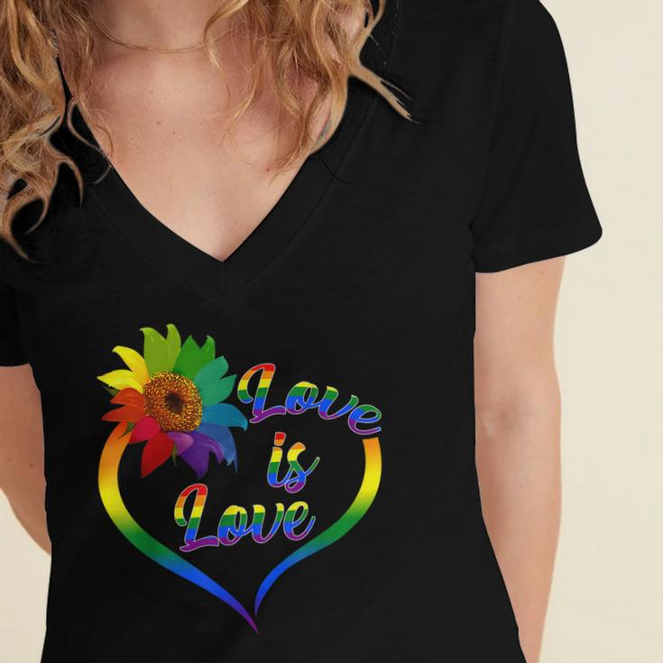 Rainbow Sunflower Love Is Love Lgbt Gay Lesbian Pride V2 Women's Jersey Short Sleeve Deep V-Neck Tshirt